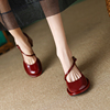 复古玛丽珍鞋女2024春酒红色，漆皮圆头高跟鞋粗跟浅口甜美单鞋
