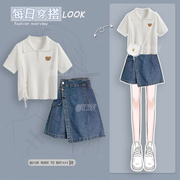 日系白色小熊短袖t恤女夏2024绑带设计感小个子，复古牛仔短裙