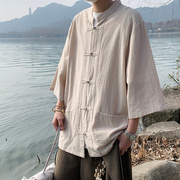 夏季中国风棉麻短袖衬衫男装中式亚麻唐装汉服盘扣五分袖上衣