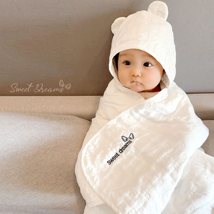 新生儿全棉6层纱布吸水宝宝浴巾，婴儿包巾儿童，带帽斗篷包被可裹