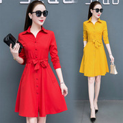 中国红连衣裙女长袖2024网红雪纺裙收腰系带有袋的衬衫裙