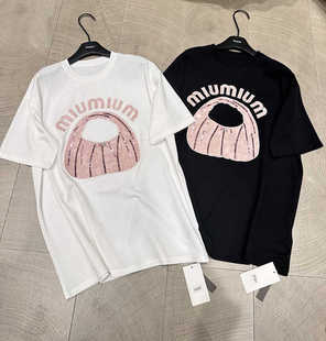 单品DANPIN2024夏季欧韩手提袋字母贴布刺绣常规版短袖T恤女