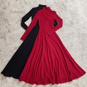 法式复古正红色磨毛连领大摆长袖连衣裙女气质针织弹力长裙