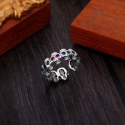 s925纯银彩色锆石骷髅头联排戒指男女个性潮时尚小众设计开口指环