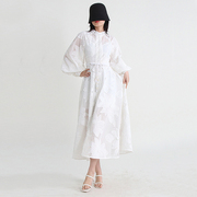 名媛白色重工蕾丝刺绣，长款连衣裙春秋半高领，灯笼袖系带套装两件套