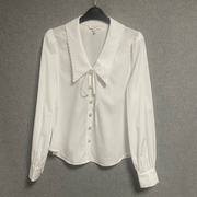 欧美时尚春秋款娃娃领法式长袖休闲白色棉，衬衣上衣女衬衫