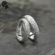 厚实锤纹999纯银古法戒指，足银纯手工，陨坑男女情侣对戒刻字指环