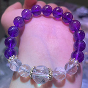 本命年天然水晶珠宝 大颗粒乌拉圭紫水晶 白水晶 单圈手串礼物