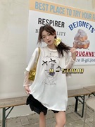 韩国东大门夏季款拼接网纱假两件立体蝴蝶结猫咪印花甜美长袖T恤