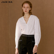商场同款jnina捷恩尼纳2022春夏，v领钉珠，设计长袖女上衣