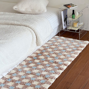 奶油风卧室床边毯格子地毯长条，卫生间进门垫，吸水防滑簇绒床前地垫