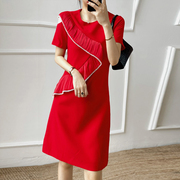 欧美时尚露肩圆领钉珠S荷叶边中长款修身喜气红色连衣裙惊艳礼服