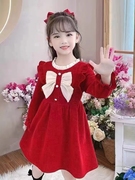 女童连衣裙2022红色拜年服加绒女孩秋冬裙子公主裙