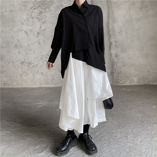 山本日系法式小众设计感不规则衬衫女暗黑系小心机黑色长袖上衣女