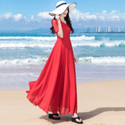 红色蕾丝沙滩裙2024年大摆连衣裙收腰显瘦旅游度假长裙雪纺裙