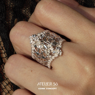 ATELIERSO 蕾丝克拉双尖戒指 纯银原创小众设计师高级气质饰品
