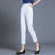 棉麻裤子女夏季薄款小个子，哈伦裤高腰九分裤，条纹大码白色休闲女裤