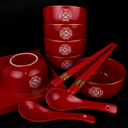 结婚用品喜碗筷子勺子套装陶瓷，红碗对碗，陪嫁用品回礼喜碗酒红