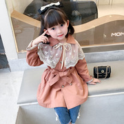 女童宝宝蕾丝长款风衣，2024秋装韩国儿童外套，洋气欧美大衣童装