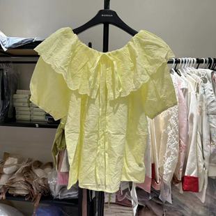 欧货高级设计感小众镂空蕾丝衬衫，女夏荷叶边一字，娃娃领泡泡袖上衣