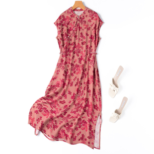 “摇曳的花朵”软糯真丝绢丝，+棉改良立领，开叉旗袍长裙宽松连衣裙