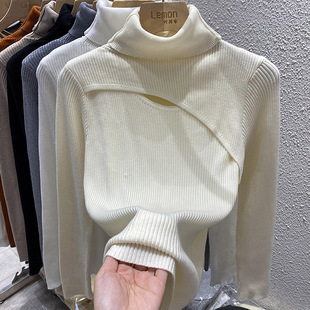 2022高领打底衫女冬季内搭修身镂空设计感小众白色针织衫毛衣