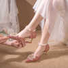 水晶单鞋凉鞋一字带细跟法式成人礼服宴会，红色高跟伴娘婚鞋新娘鞋