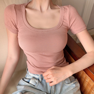 短袖T恤女夏时尚大码圆领内搭针织螺纹棉性感粉色小衫半袖打底衫