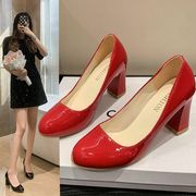 35-46大码女鞋45亮皮圆头高跟鞋44韩版增高单鞋女42复古工作鞋43
