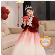 销儿童礼服红色公主裙冬季女童主持人花童婚礼小女孩高端钢琴演厂