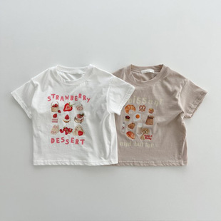 韩国婴幼童装草莓甜甜圈短袖，t恤oottbe夏季清爽白色印花上衣