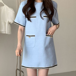 韩国chic夏季简约圆领，撞色镶边口袋设计宽松短袖，粗花呢连衣裙女