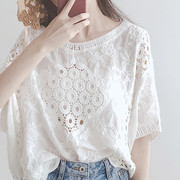 雪纺衫女夏季短袖2024韩版宽松白色，洋气小衫蕾丝镂空打底上衣