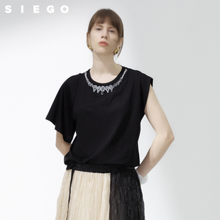 Siego西蔻时尚幻影黑圆领手工钉珠项链不规则袖型T恤64335209