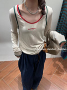 韩国秋装圆领字母拼色简约洋气长袖T恤女百搭打底衫上衣ins潮