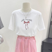 薄款白色蝴蝶结短袖t恤女夏2024设计感小众甜美上衣韩版体恤