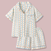 「柔软透气++」条纹纯棉纱布睡衣女夏家居服短袖可爱卡通套装