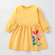 女童婴儿黄色卫衣裙子宝宝，长袖连衣裙中小童，春秋装女孩花朵公主裙