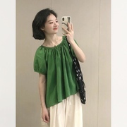 绿色短袖衬衫女夏2023韩版高级感小众别致宽松泡泡袖雪纺上衣