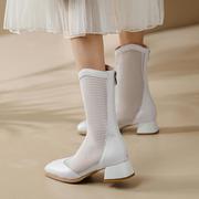 2022年春季米色白色靴子女，中跟粗跟中筒镂空网靴夏靴单靴大码lsj