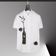 欧美轻奢男装植物花瓶昆虫，印花短袖衬衫，高端时尚全棉修身半袖衬衣