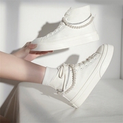 百搭高帮帆布鞋原创设计珍珠，链条少女复古甜美2024秋季小白鞋