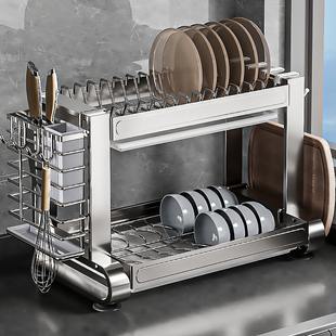 304不锈钢厨房放碗架沥水架碗碟收纳架双层台面碗盘多功能置物架