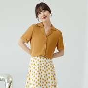 衬衫上衣女法式短袖设计感小众夏季黄色高级感雪纺职业面试衬衣