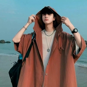 大码300斤棕色日系cityboy衬衫，男短袖设计感小众连帽外套宽松衬衣