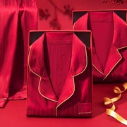 高档大红色情侣睡衣套装长袖，长裤结婚礼物送新人，喜庆礼盒新婚实用