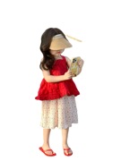 Moxi童装夏季女童韩版红色吊带衫背心上衣碎花褶皱半裙两件套