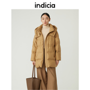 indicia卡其色鸭绒保暖加厚连帽羽绒服外套冬季时尚标记女装