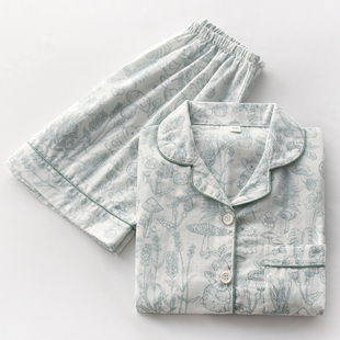 日系蘑菇小兔睡衣女士夏季纯棉，纱布薄款宽松短袖短裤家居服套装