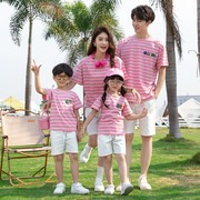 亲子装夏款韩版全棉海军条纹，t恤一家三口家庭装，中小学团体表演服